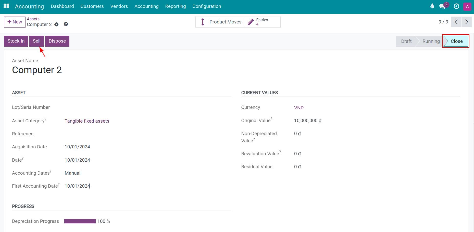 Depreciated asset view in Viindoo accounting app