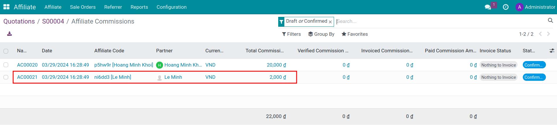 Multilevel commission downline affiliate in Viindoo Affiliate