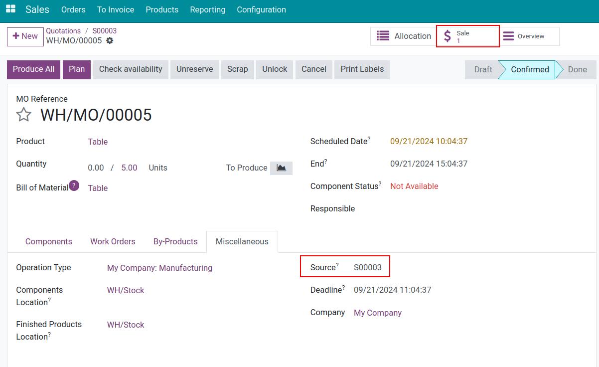 Manufacturing order linked with sales order