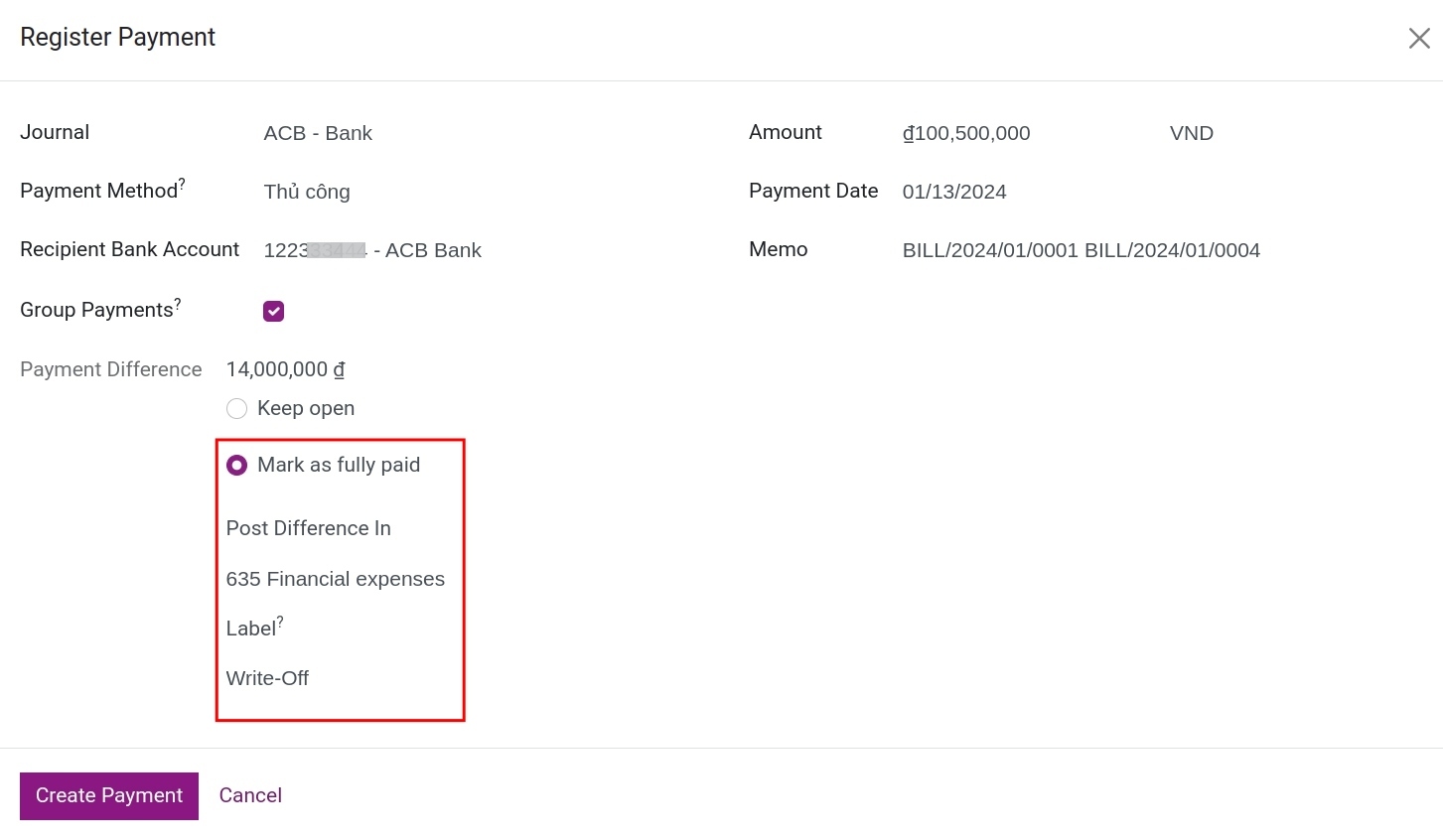 Select an accounting account to post payment difference in Viindoo