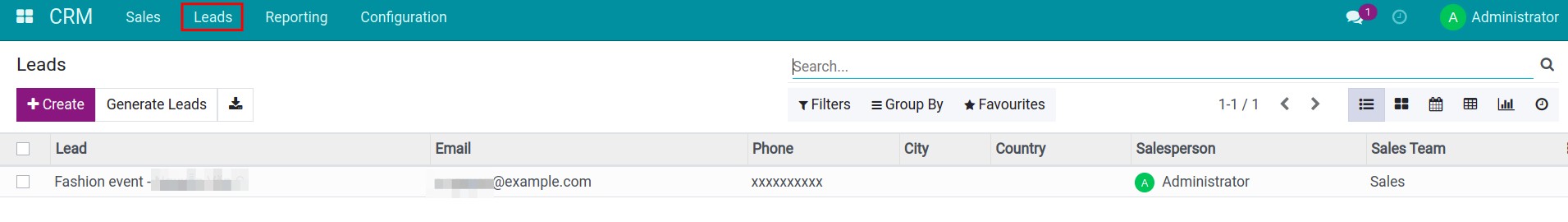 The lead menu in CRM