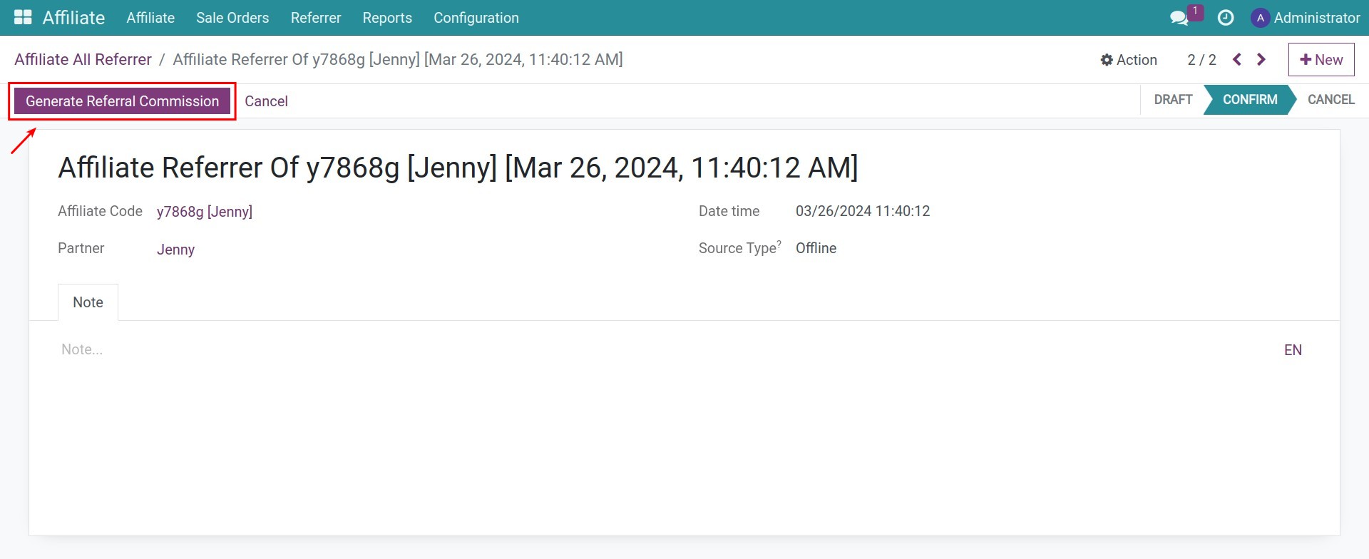 Generate Referral Commmission button