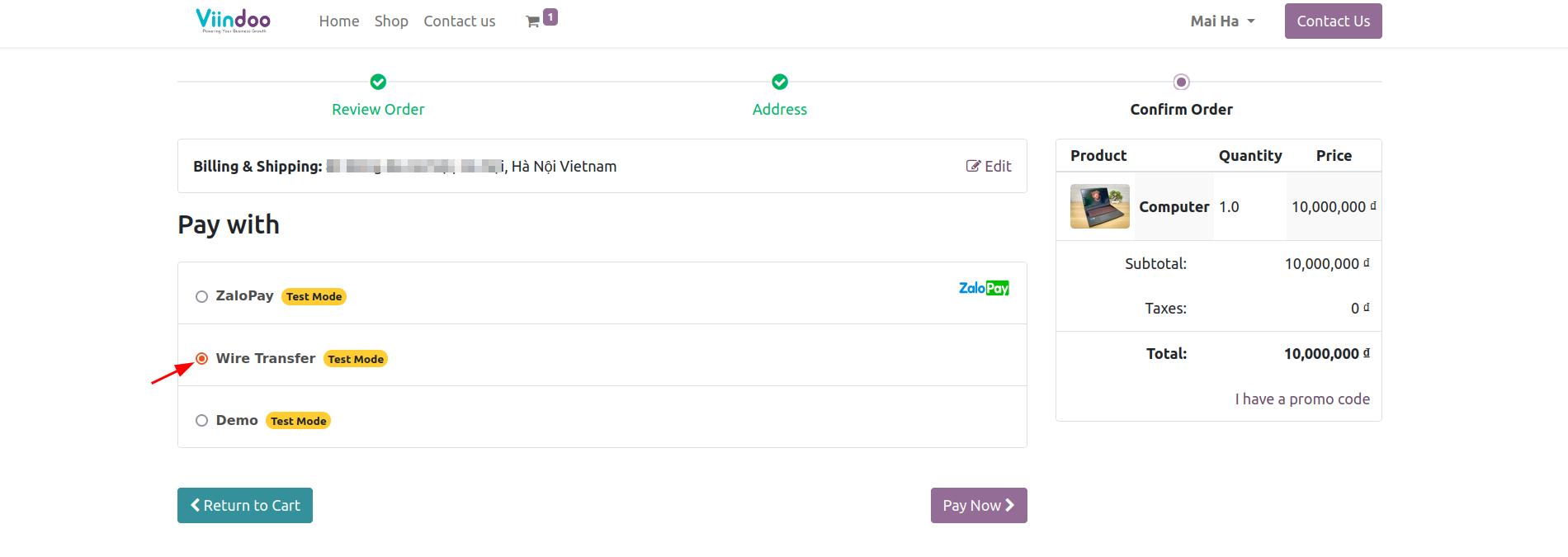 Delivery and payment method in Viindoo