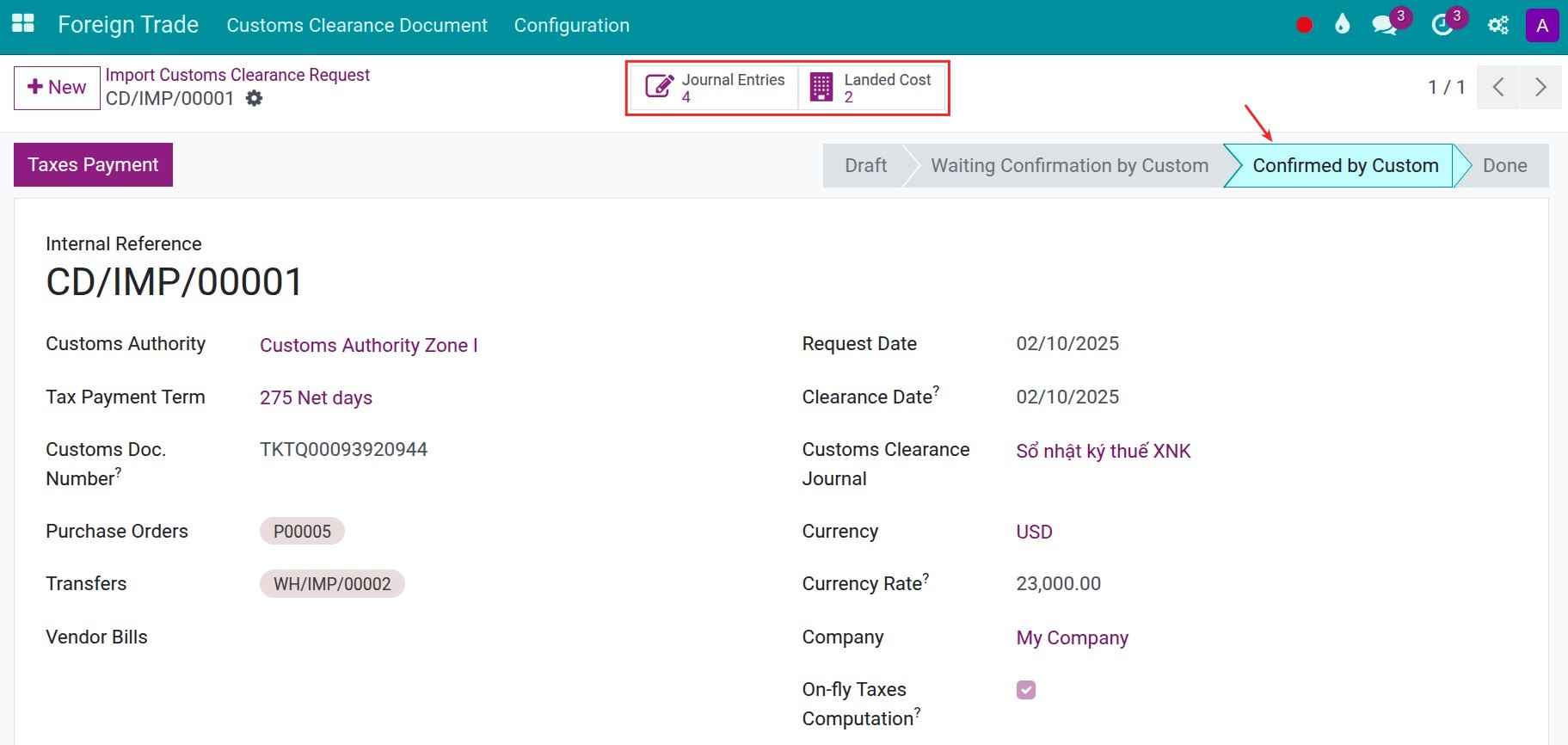 Taxes payment - Viindoo foreign trade app