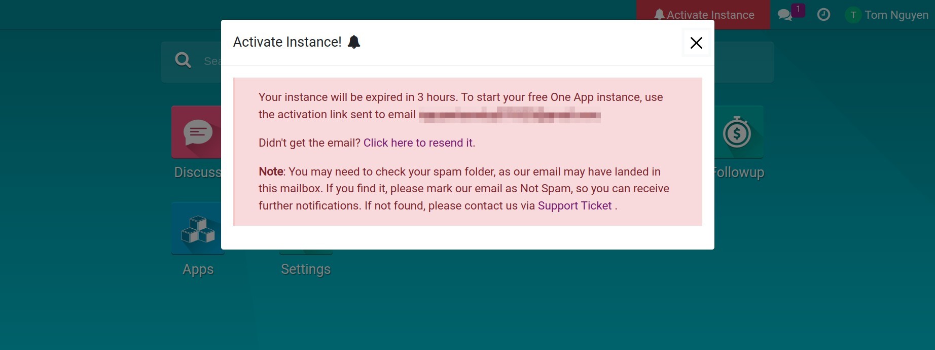 Notification about activating your instance by email