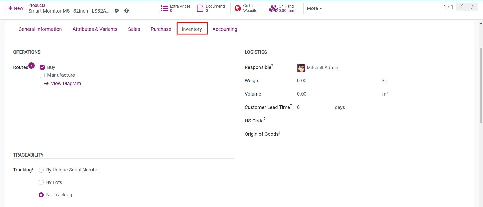 Inventory information of products in Viindoo