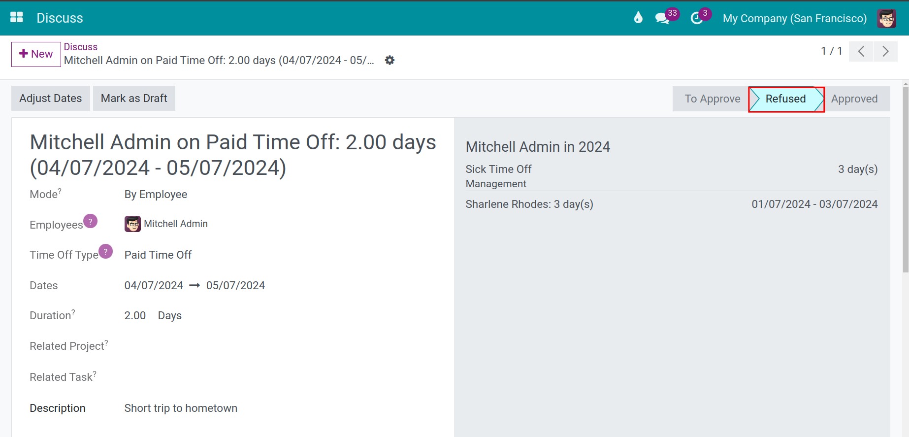 Time off requests in *Refused* status