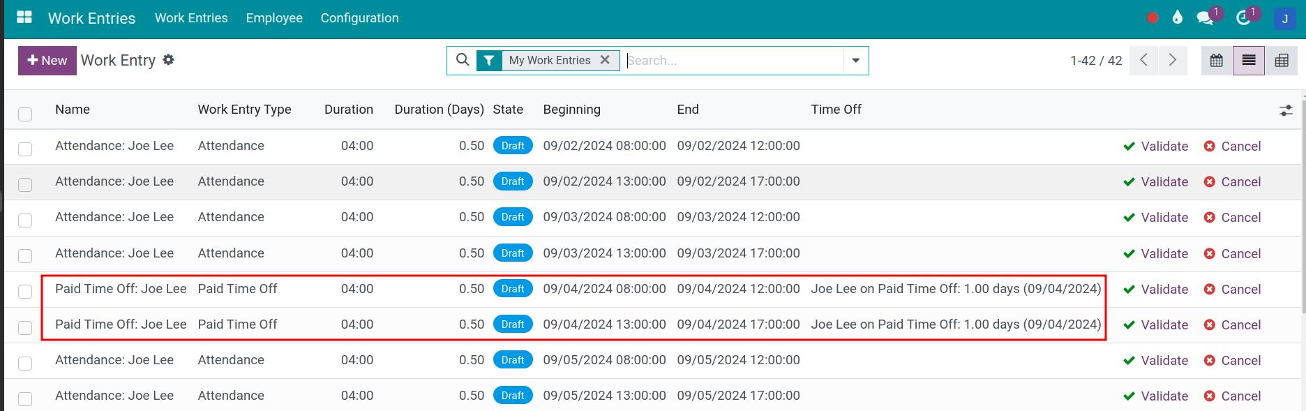 Validated time off work entries
