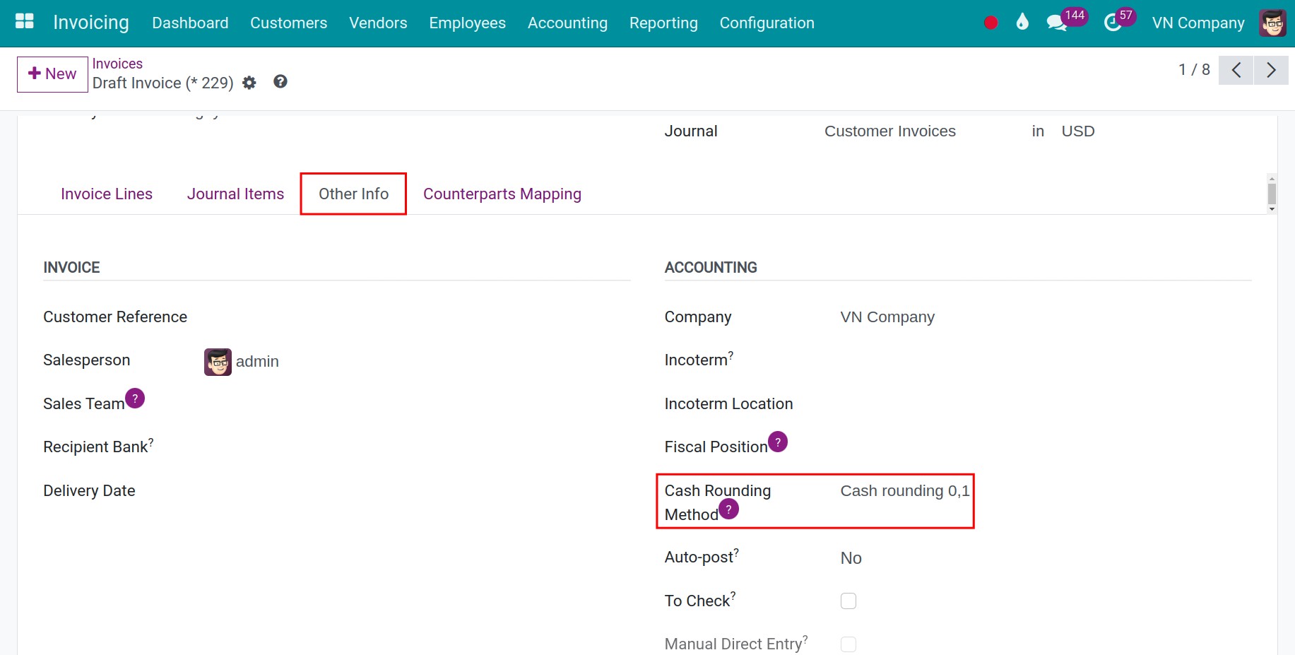 Apply the rounding rule to invoice - Viindoo Accounting