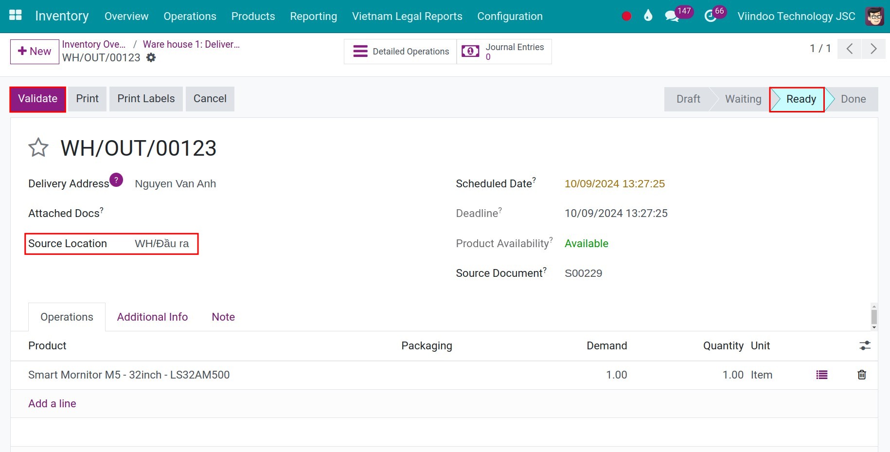 Confirm the delivery in Viindoo