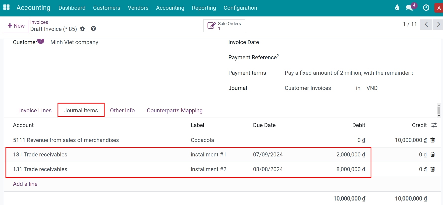 See payment terms in journal items - Viindoo Accounting