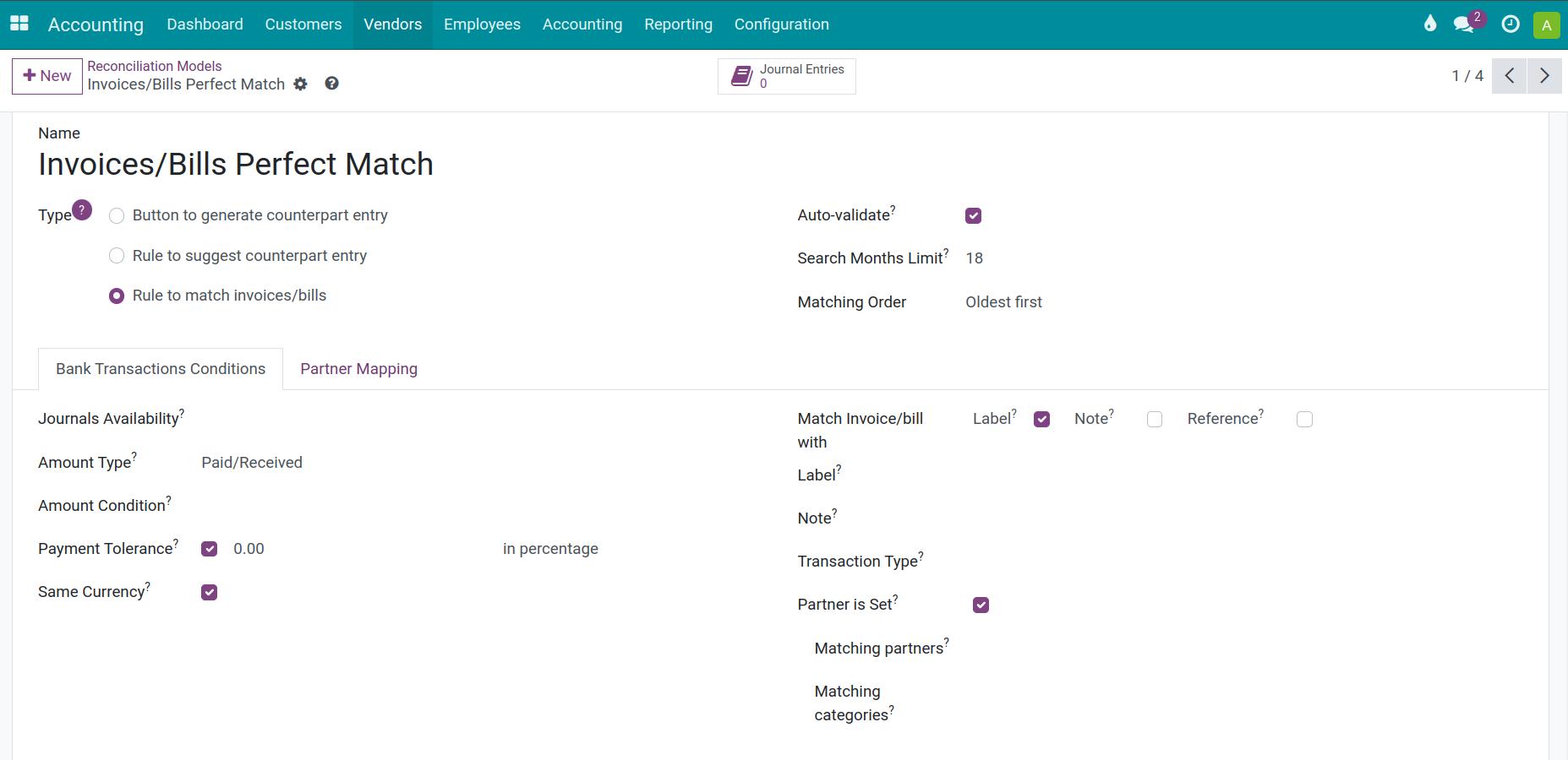 Configure the match existing invoices/bills reconciliation model.
