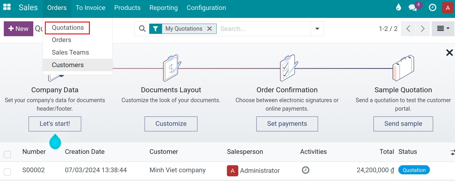 Access quotation Sales app Viindoo
