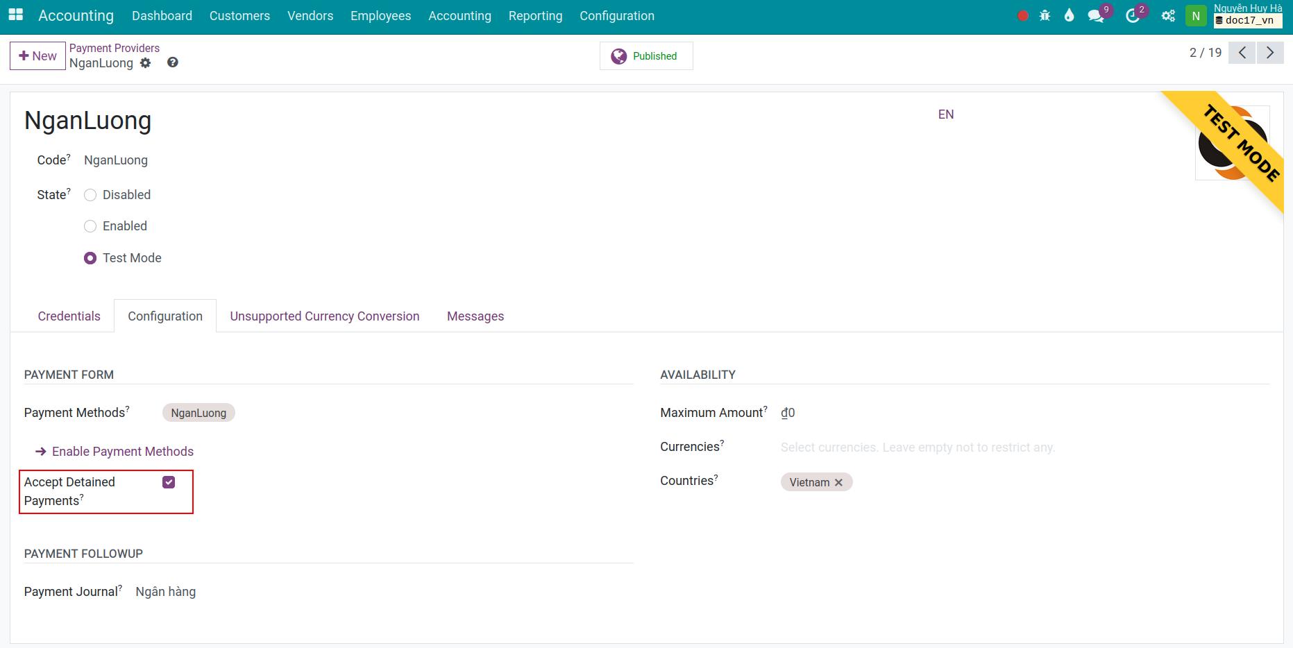 Accept detained payments configuration