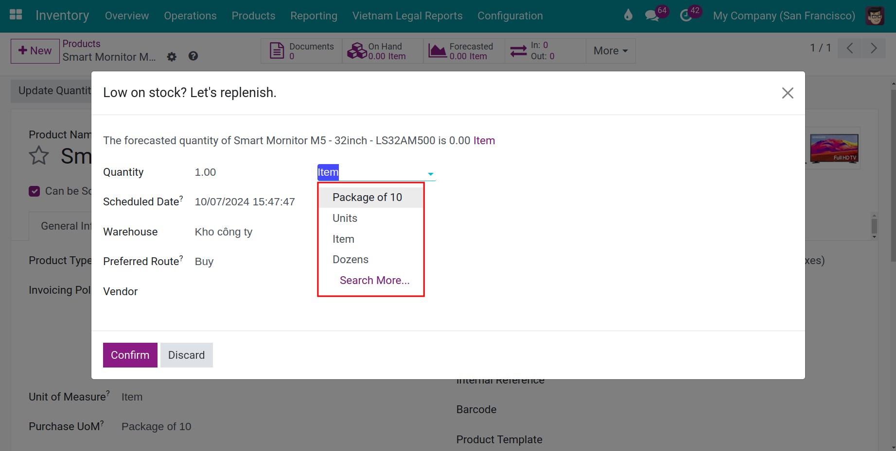 Choose a UoM for manual replenishment on product form in Viindoo Inventory software management
