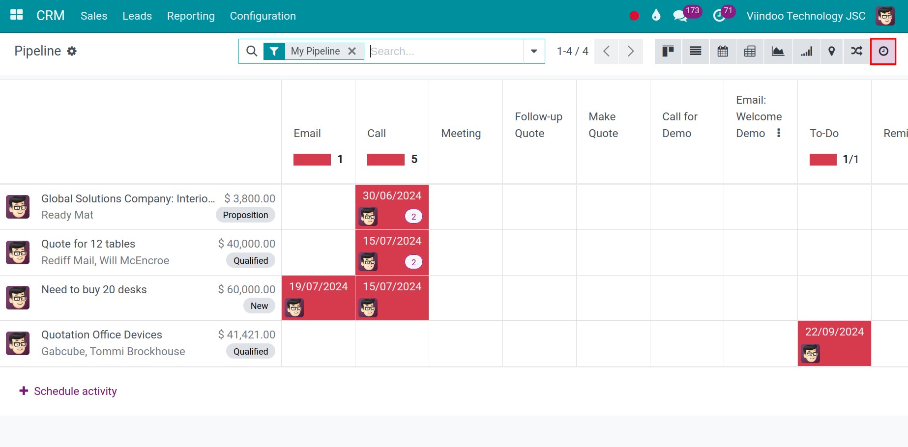 Activity view in Viindoo CRM application.