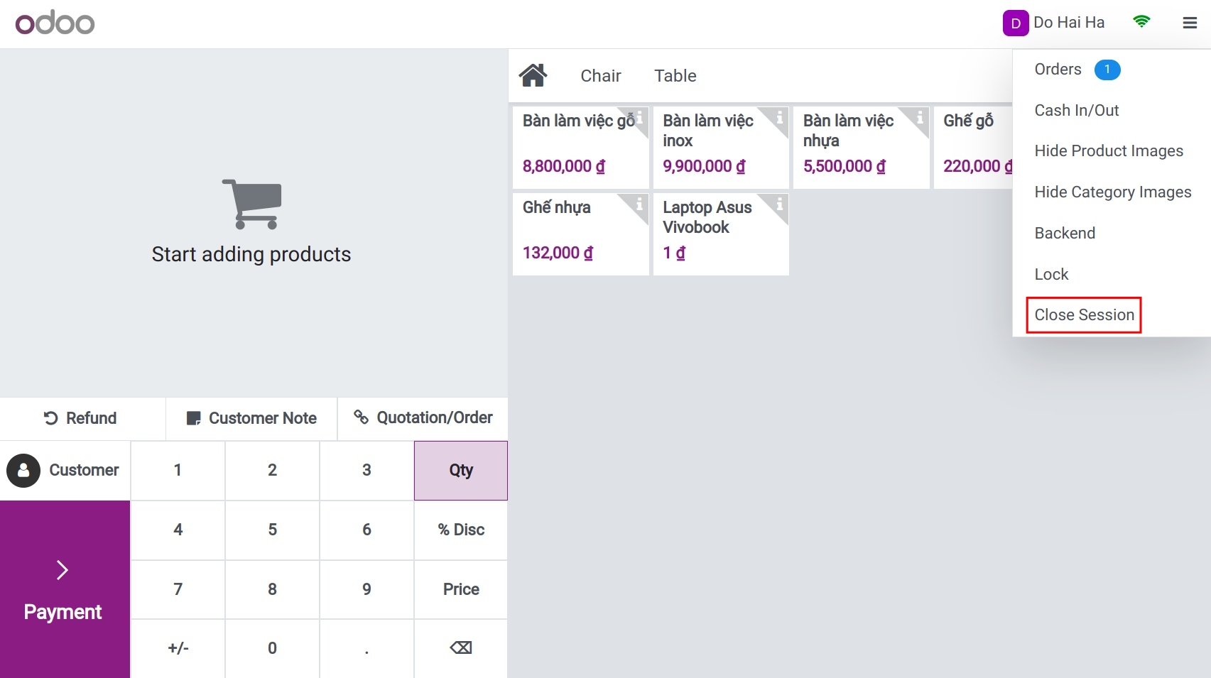 Closing a sales session in Viindoo PoS