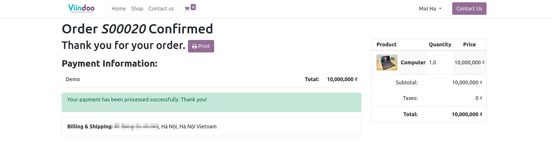 Payment successful in Viindoo