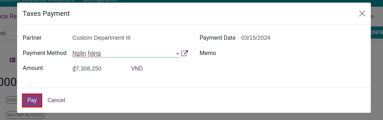 Taxes payment form - Viindoo Foreign trade app