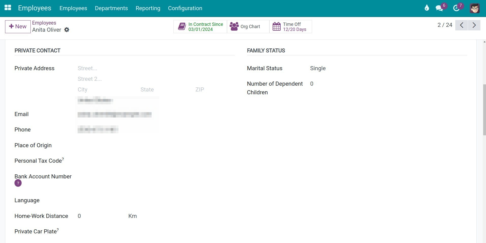 Private Information tab on Viindoo user interface