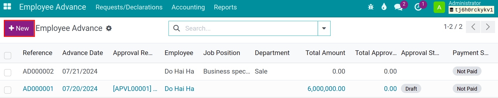 Create employee advance requests