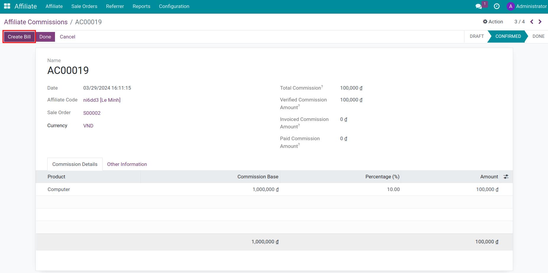 Create commission invoice in Viindoo Affiliate