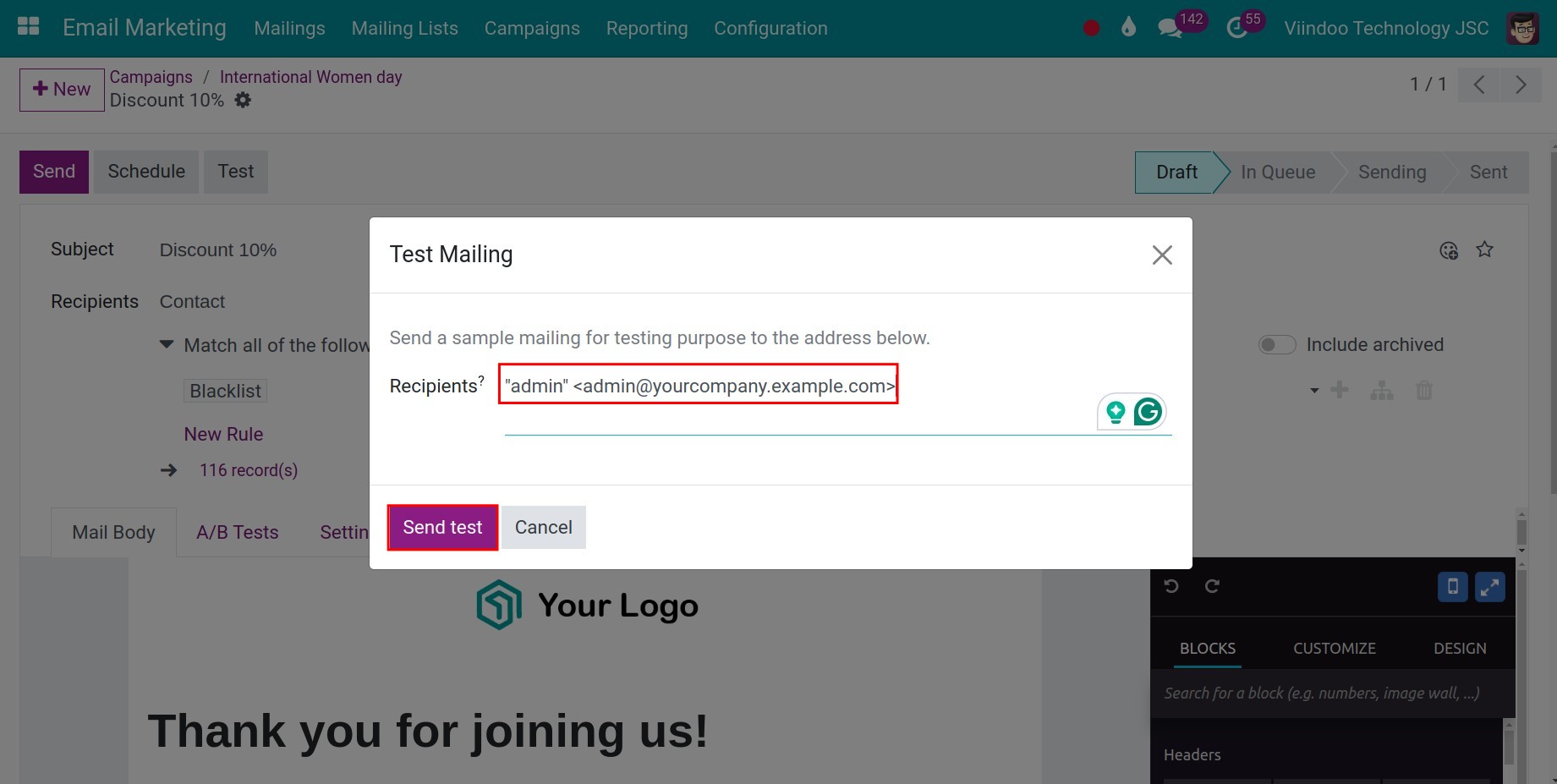 Send sample mail in Viindoo
