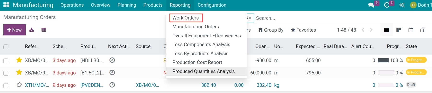Enter work orders report
