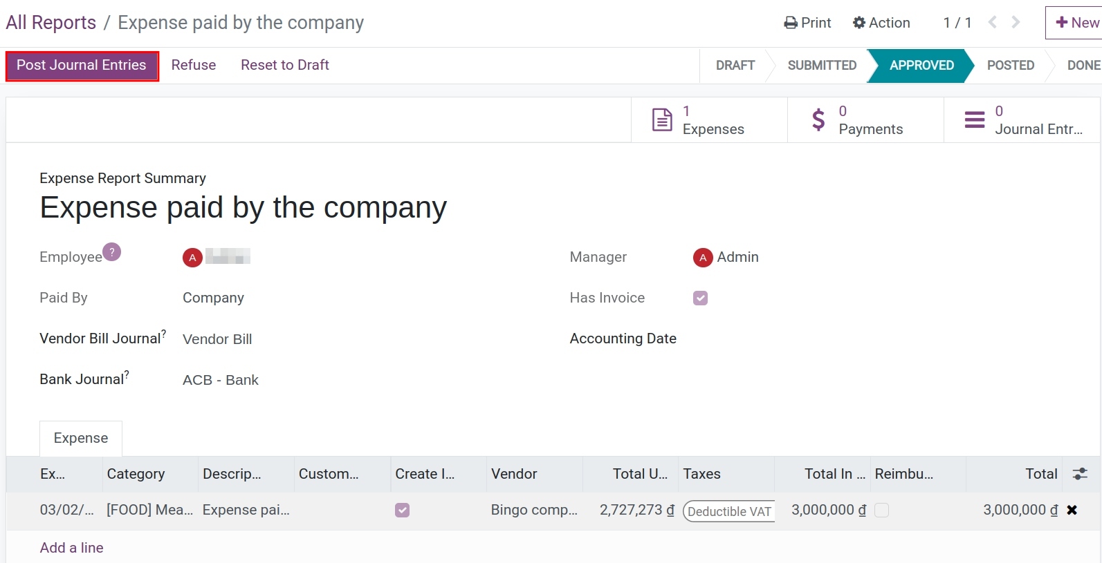 Post journal entries in the company’s expenses in Viindoo