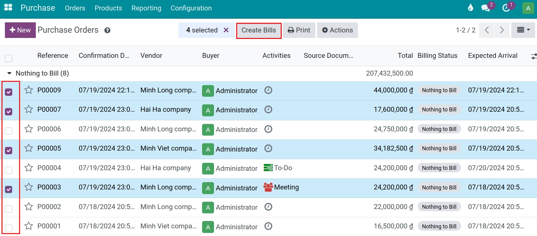 Selecting list of Purchase orders needed for creating vendor bills