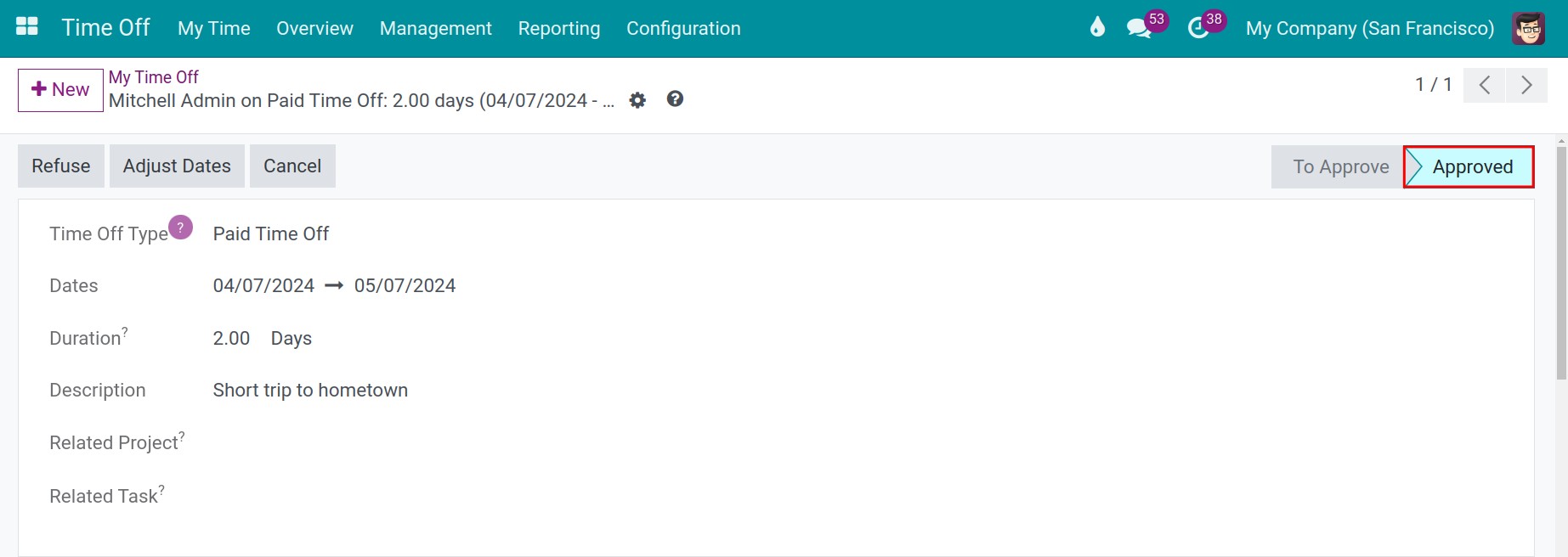 Complete the approval of time off request in Viindoo Time Off management application