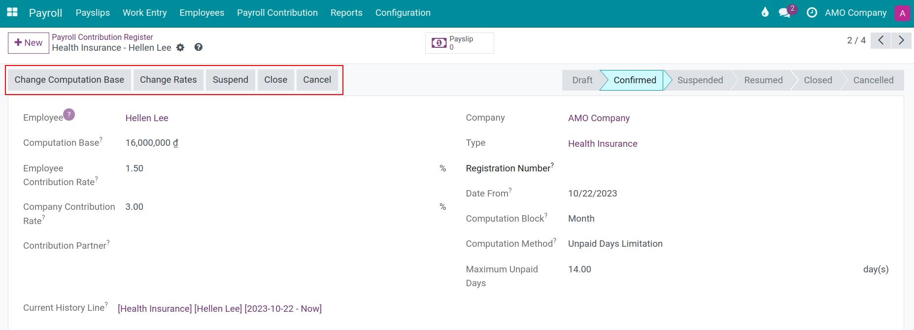 Suggested action buttons in the record of insurance contribution registration
