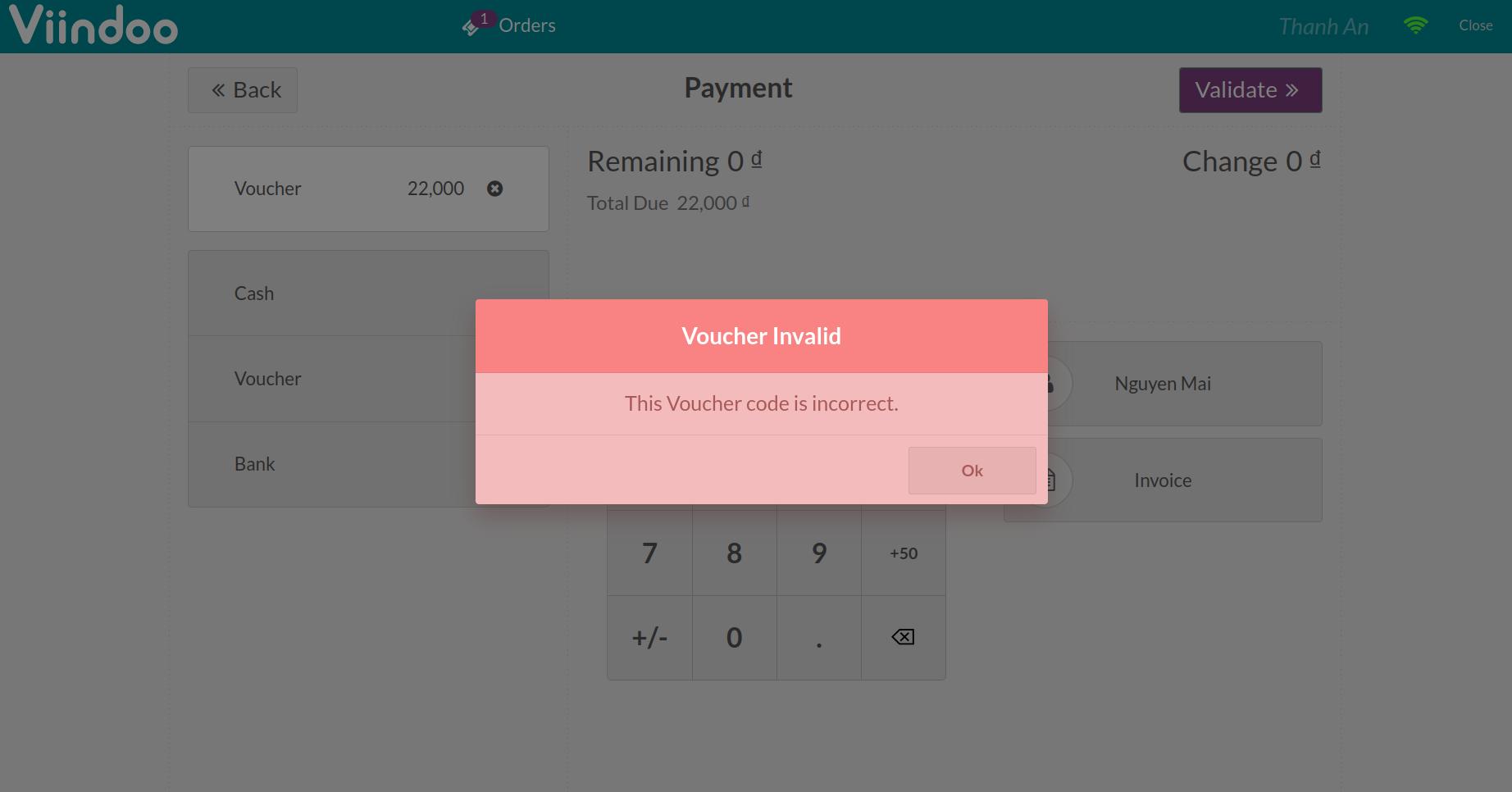 Voucher invalid warning