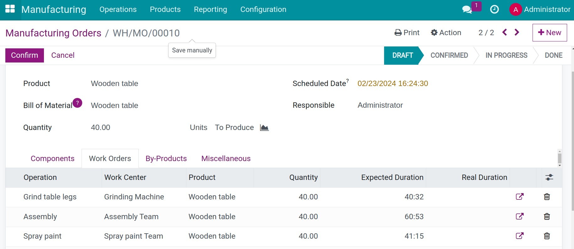 The detailed manufacturing order