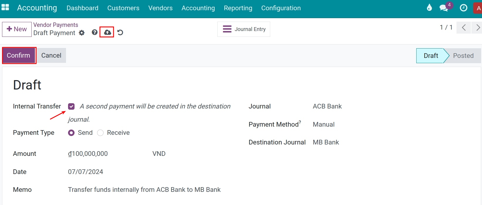 Internal Transfer - Send money - Viindoo Accounting