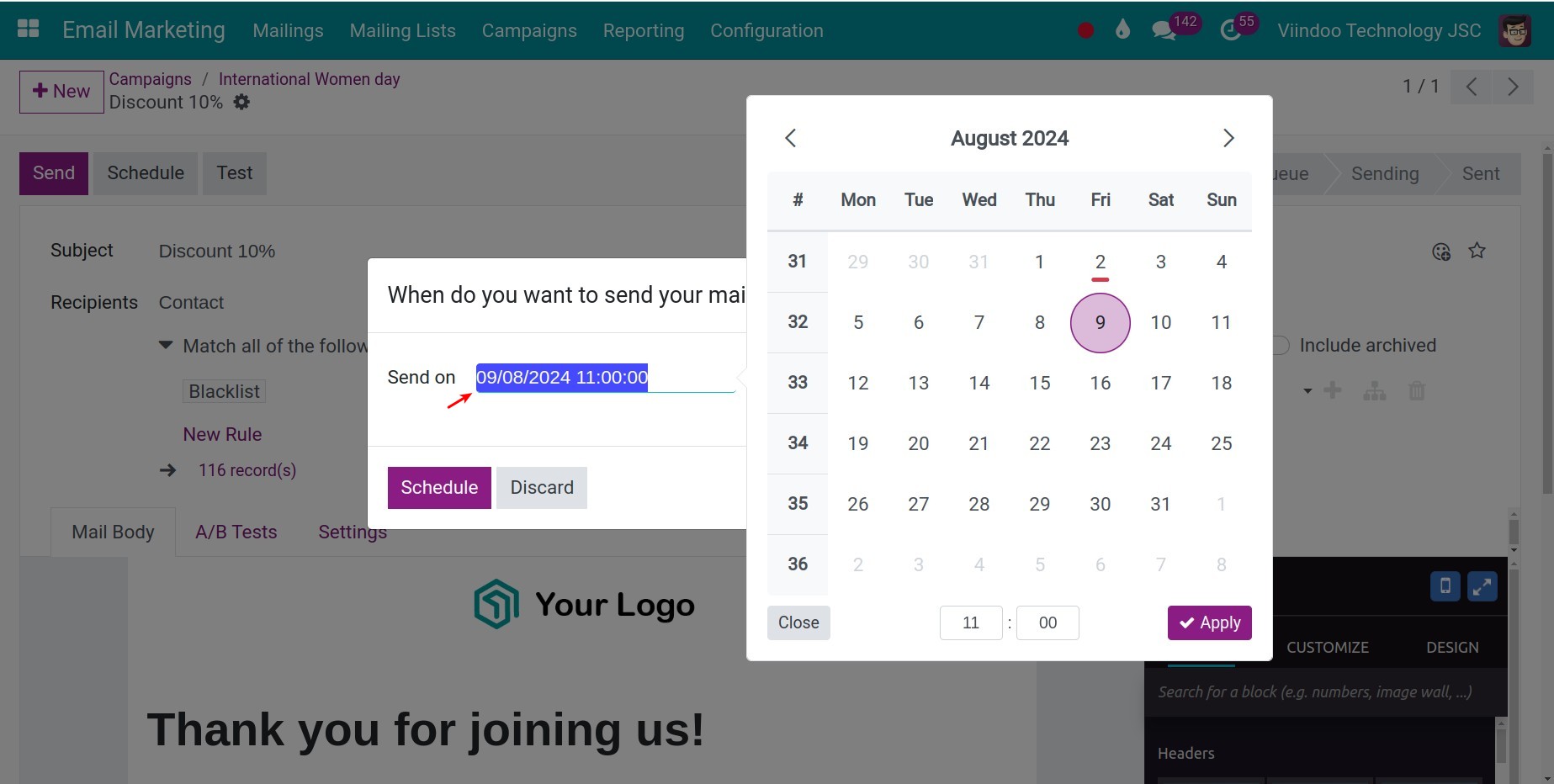 Schedule to send the email marketing