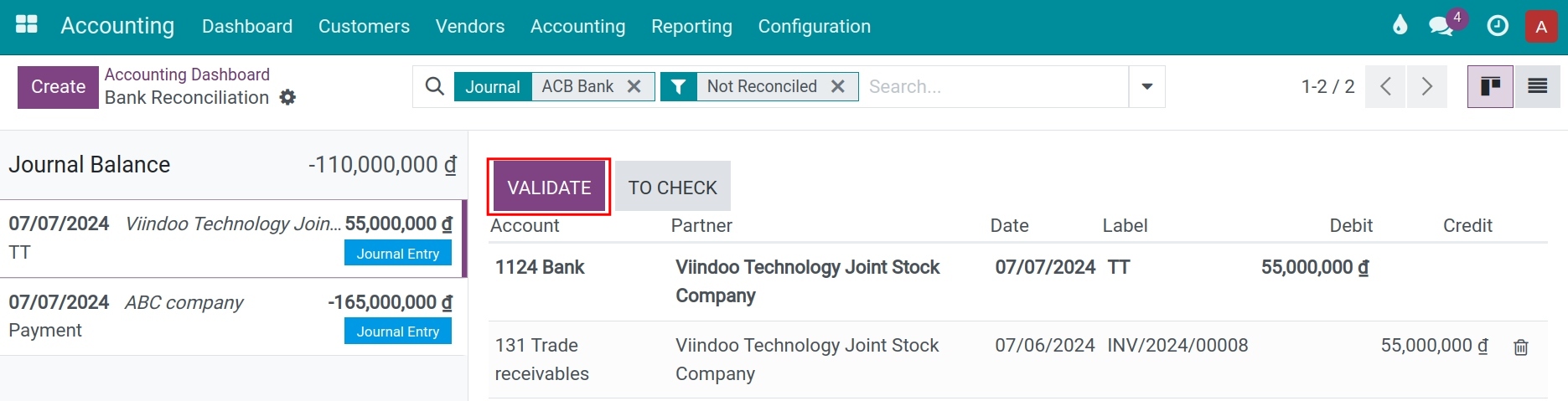Reconcile bank statement Viindoo accounting software