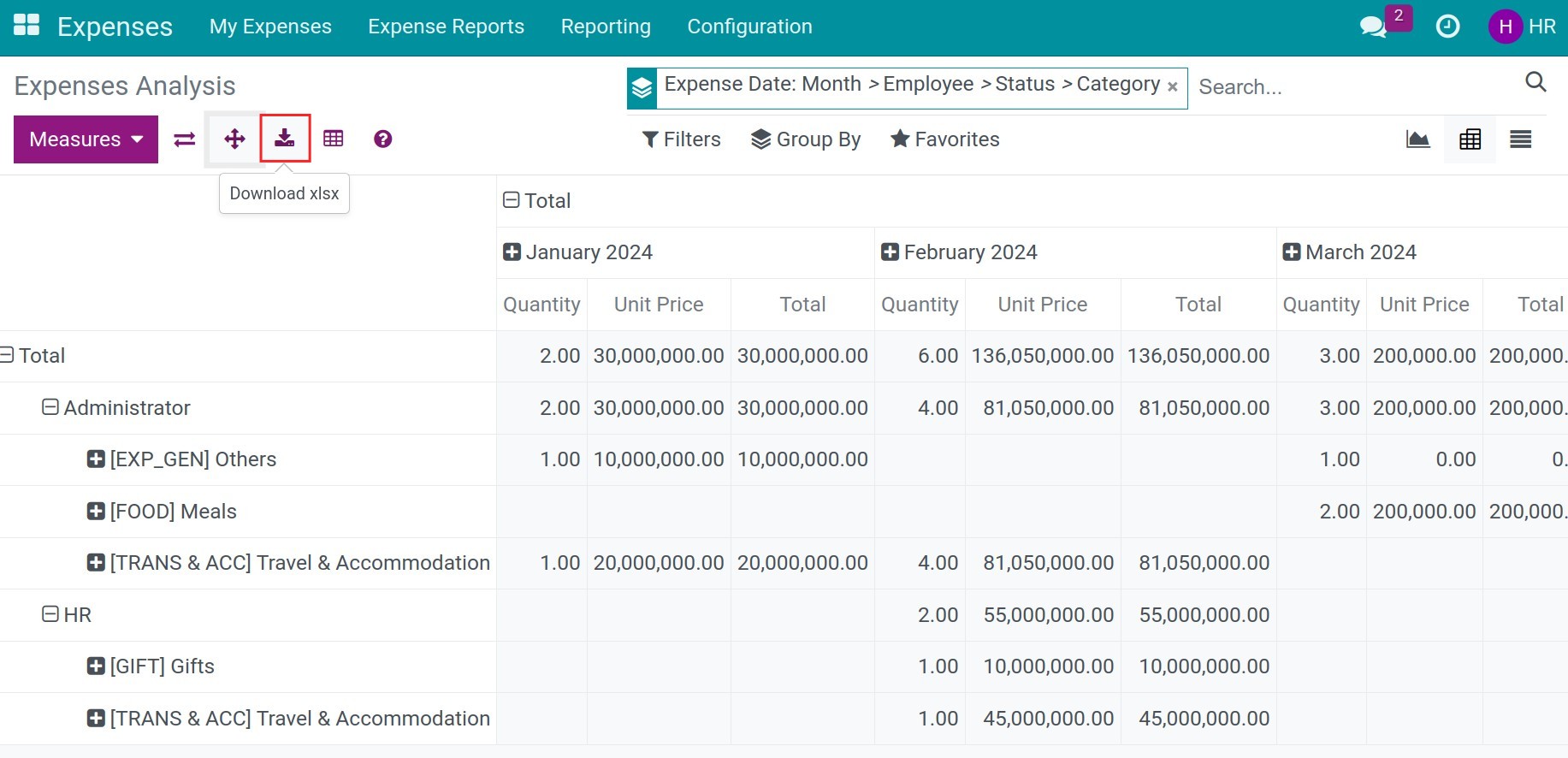 Download to Excel file in employee expense report