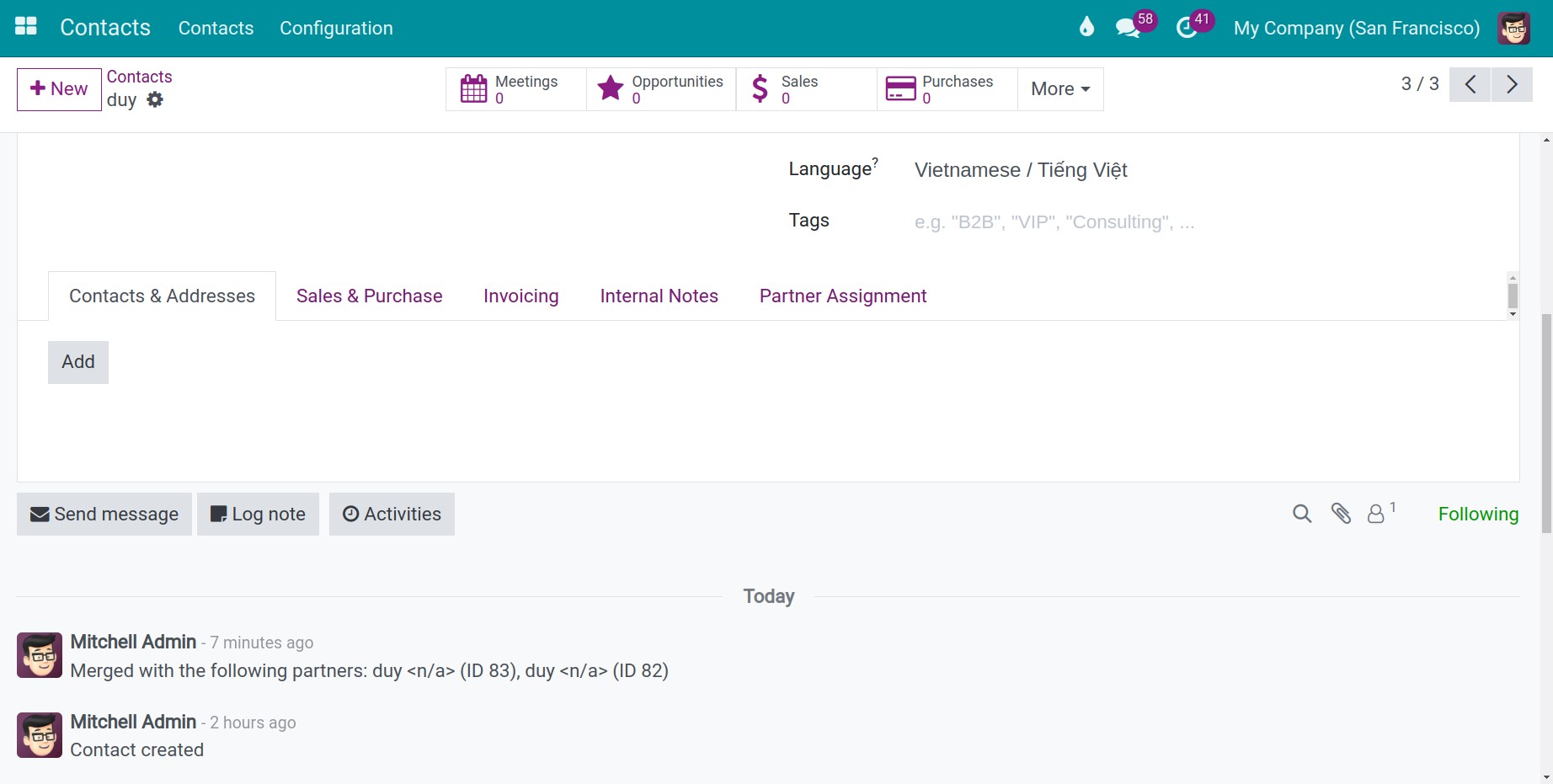 display a log note in the destiantion contact