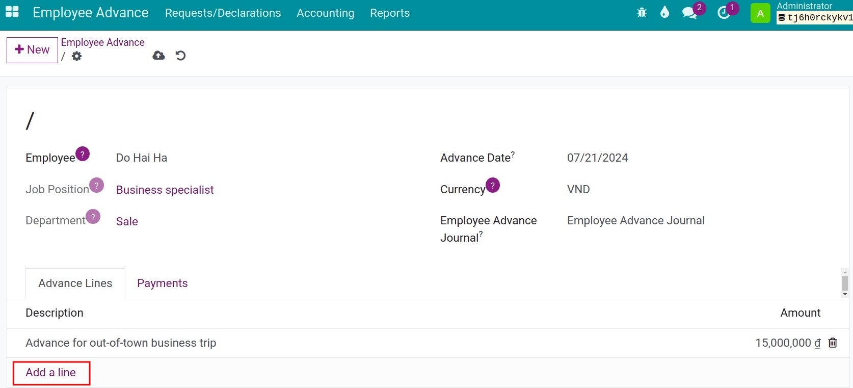 Employee advance view