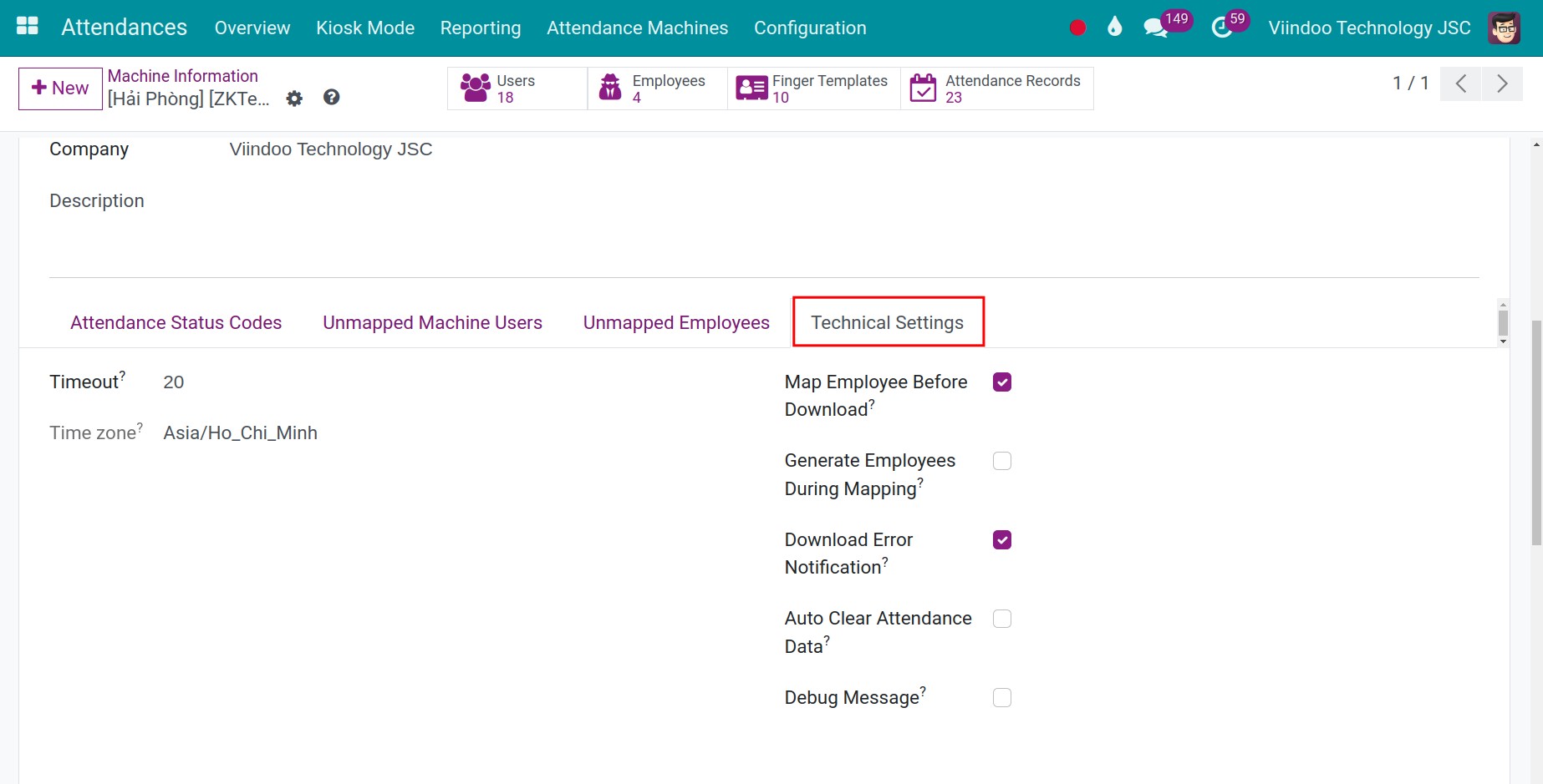 Technical Setting tab on attendance device information