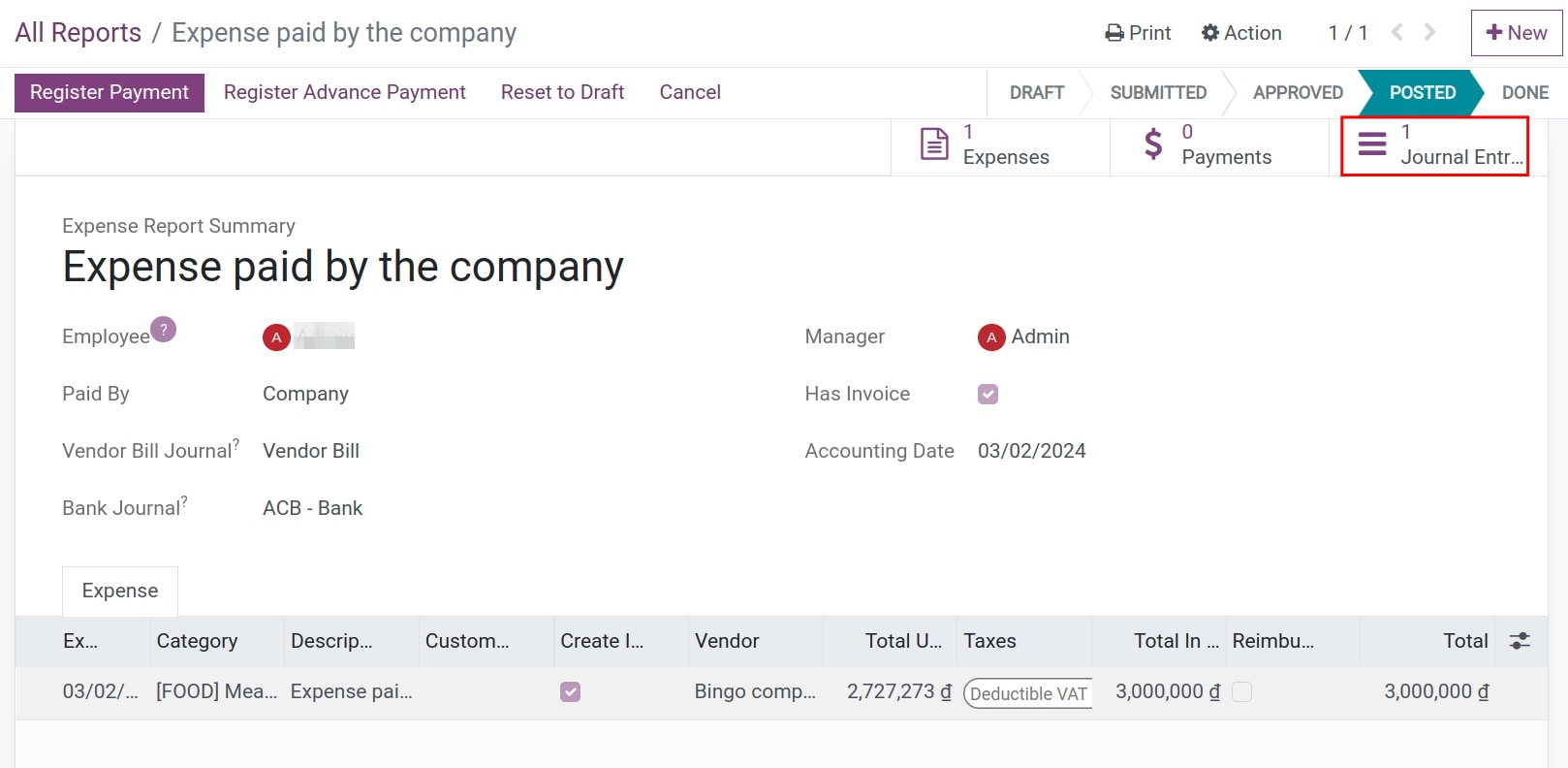 The vendor bill's journal entry of the company’s expenses in Viindoo
