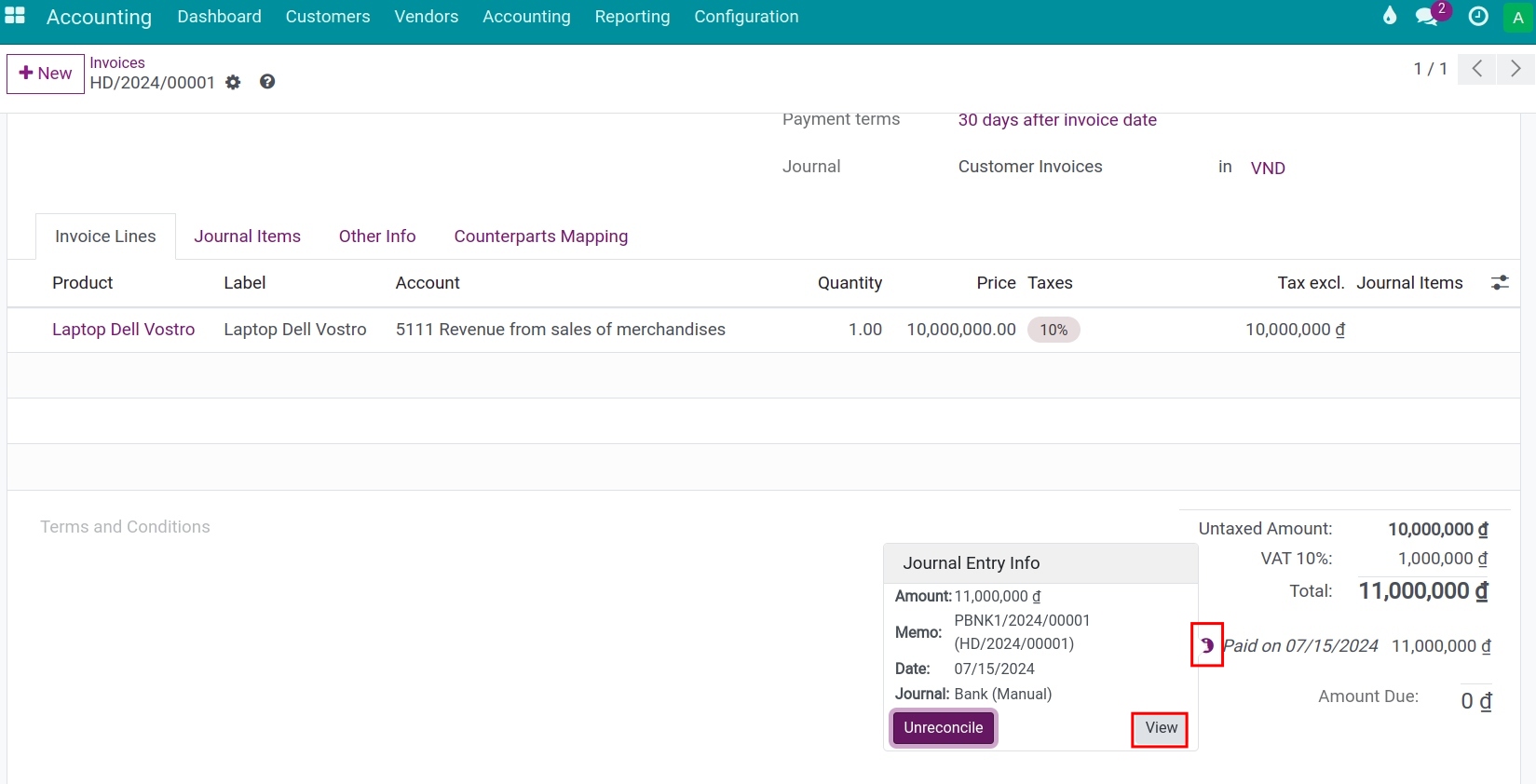 View journal entry - Viindoo accounting software