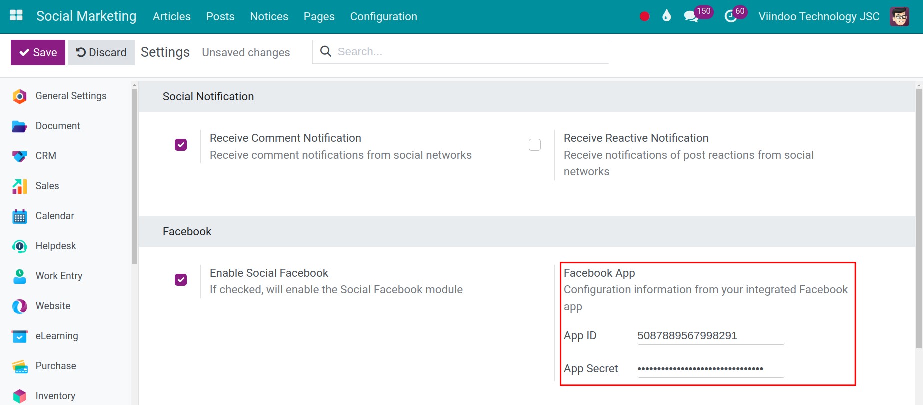 Enter App ID to integrate with the Social Marketing app.