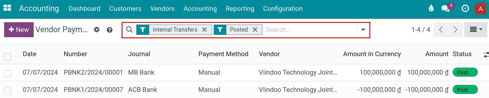 Internal transfer journal entry - send money - Viindoo Accounting app