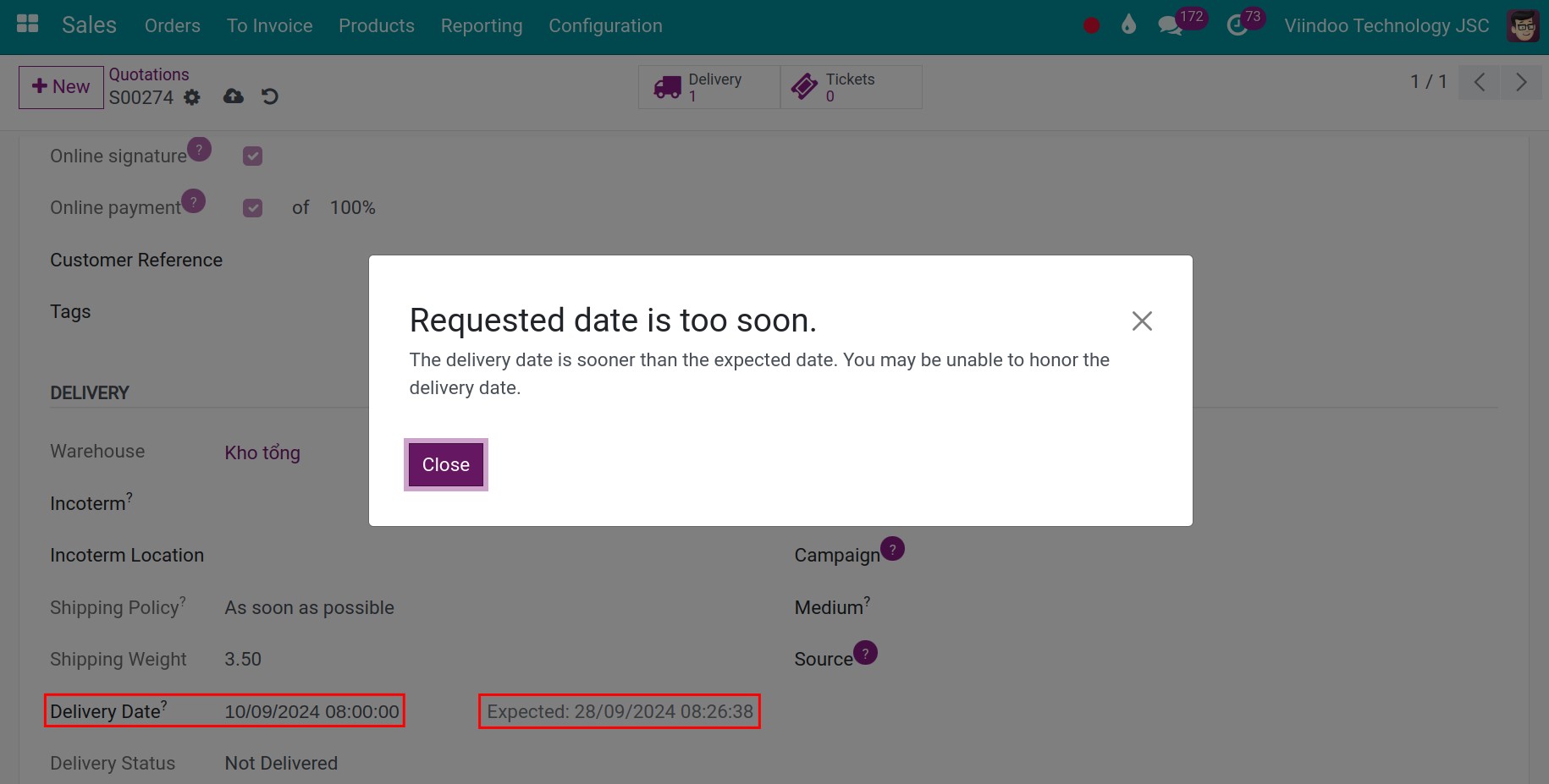 A warning message when the Delivery Date is earlier than the Expected date