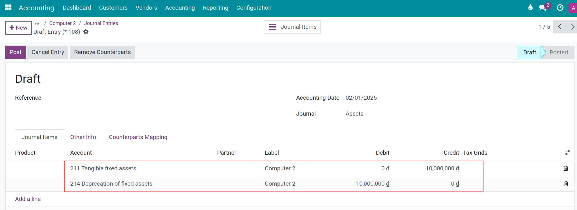 Write-off depreciated asset entries view in Viindoo accounting app