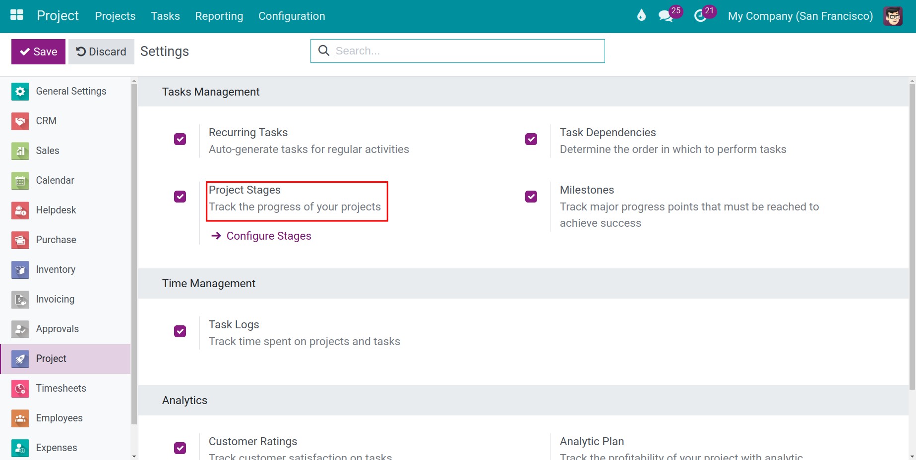 Enable project stages feature-Viindoo