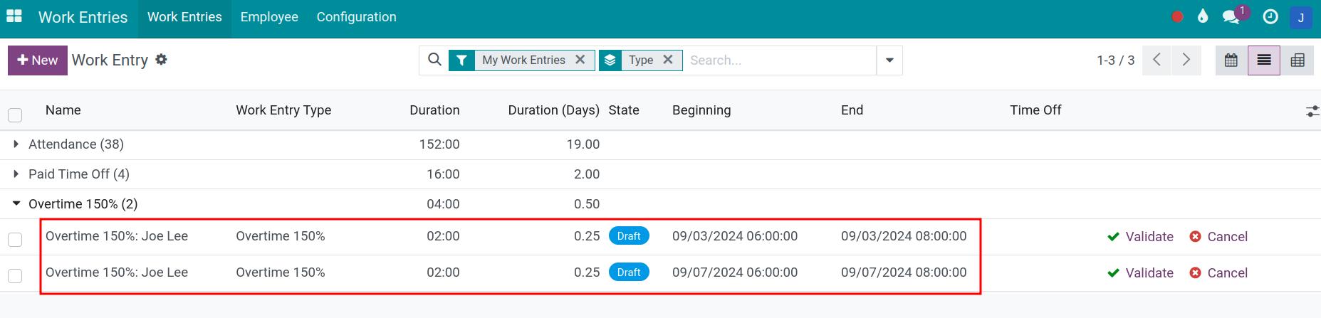 Overtime work entries