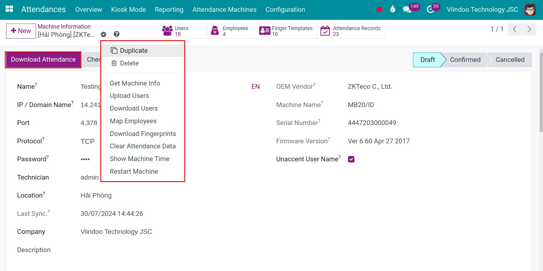 Buttons on the devices informations view